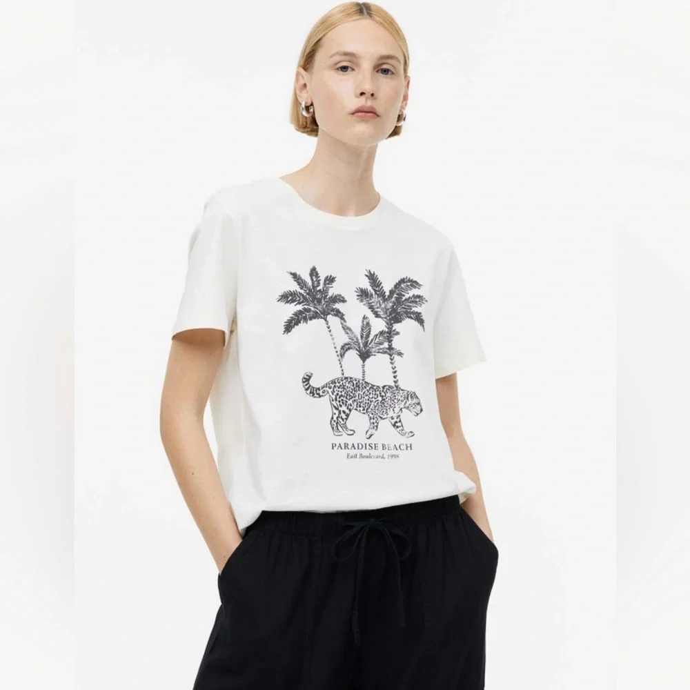 H&M cream/paradise beach cotton T-shirt | NWOT - Picture 3 of 11